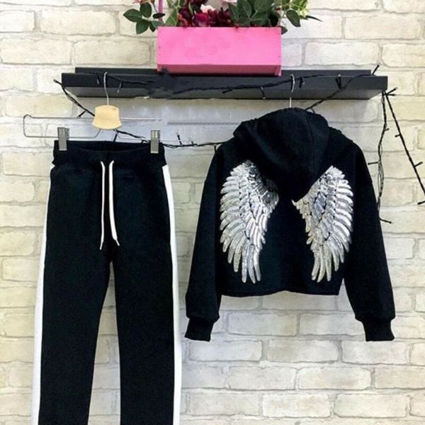 

0-5 years new causal sequins wing autumn winter toddler kids baby girl sport hooded long pants tracksuit outfits, White