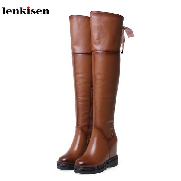 

lenkisen soft cow leather high heels round toe lace up thick bottom height lncreasing winter warm women thigh high boots l02, Black