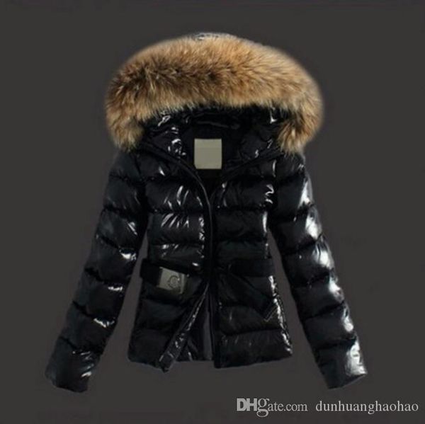 

женщины hot! зимний мех енота воротник корейский моды тонкий пуховик хлопка короткий пункт кожа женщины куртки, Black