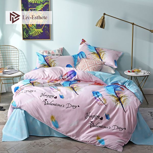 

liv-esthete fashion colored feather bedding set double  king duvet cover pillowcase soft flat sheet bed linen for adult