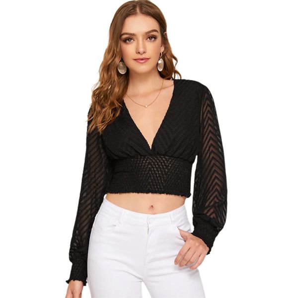 

deep v-neck t shirt women long lantern sleeve crop pullover black see through tshirt streetwear short tshirts, White