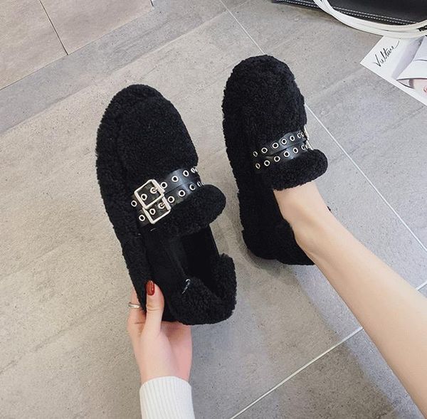 

lamb fur shoes women wear 2019 winter new fashion net red one pedal thick bottom and velvet peas shoes, Black