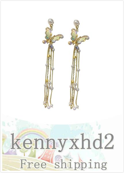 

925 silver needle earrings butterfly tassel long pearl exaggerated personality tassel earrings europe and america, Golden
