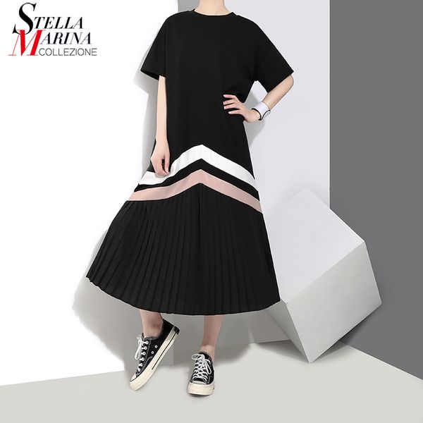 

new 2019 korean summer women black blue long pleated dress striped plus size lady cute casual dress robe femme loose style 3412, Black;pink