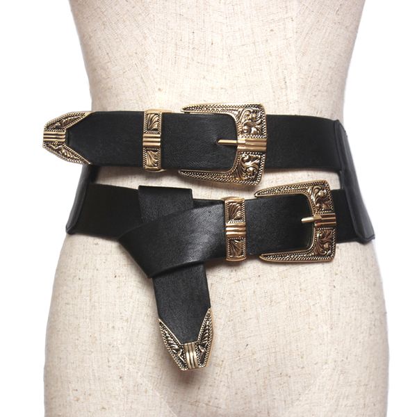 

female vintage metal pin buckle belts cool casual dress accessories double buckle designer leather belt strap for women, Black;brown