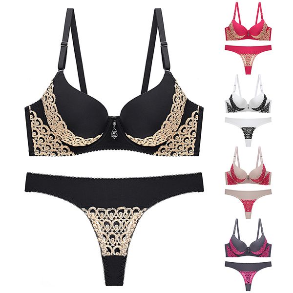 

2020 new medium thin bra set lace thong hollow underwear set 4, Red;black