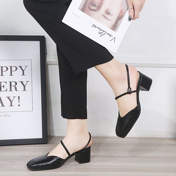 

closed-toe sandals women's summer 2019 new style england versatile semi-high heeled retro straight-line buckle mary jane chunky, Black