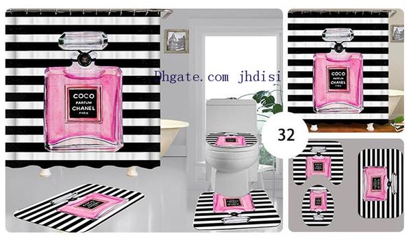 

pink perfume print bath curtain black white stripe pattern fashion prevent spillage bathroom partition curtain skid resistant carpet