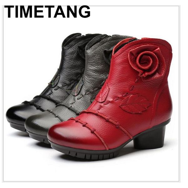 

timetang 2018 new arrival classic retro boots genuine leather ankle boots new winter women warm shoes handmade soft bottom sole, Black