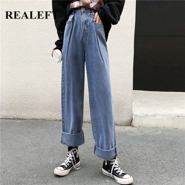 

women's jeans realeft 2021 spring fashion wide leg women high waist casual ladies trousers female denim for pants, Blue