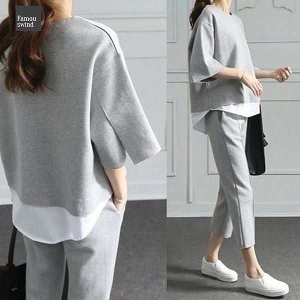 

autumn 2019 nylon casual o neck fake pieces sets 4 length pants two piece 3 loose splits cotton suits, White