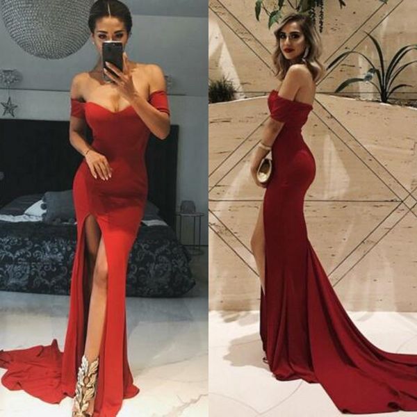 Elegante Vestidos de Noite 2019 Fora Do Ombro Mangas Curtas Borgonha Sereia Fit Longo Formal Vestidos de Festa de Formatura com Dividir Sweep Train Personalizado