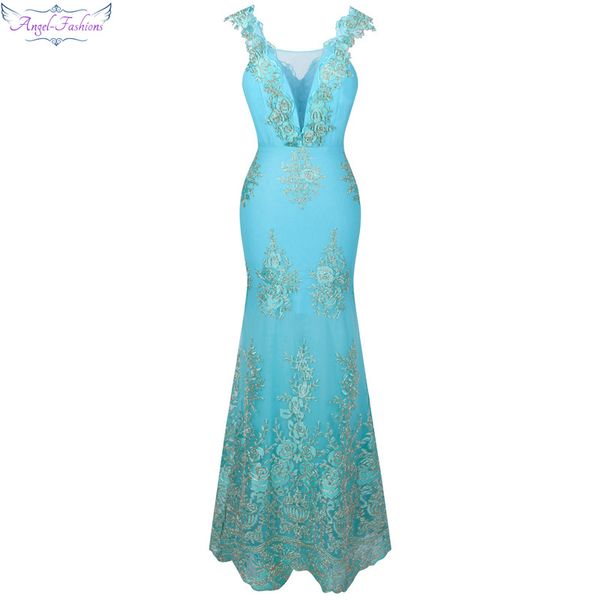 

angel-fashions women's v neck embroidery lace flower mermaid long prom dress light lavender sky blue 310, White;black