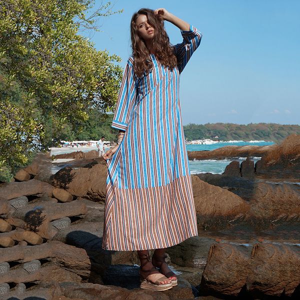 

весной и летом 2019 года, европа и соединенные штаты полосатый 9 - точка рукава строчка длинные сплит платье шифон пляж отпуск отдых, Black;gray