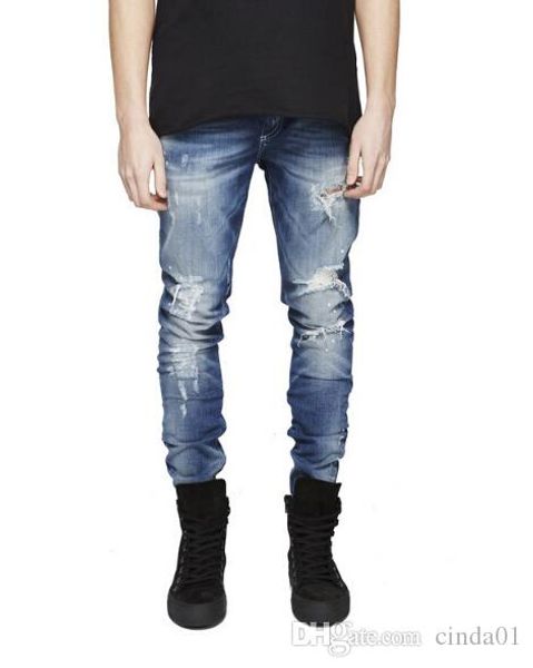 

мужские разорванные тощие прямой тонкий эластичные джинсовые fit байкер джинсы брюки длинные брюки стильный straight slim fit jeans, Blue