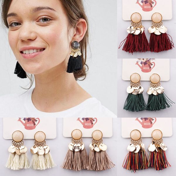

bohemia handmade multicolor alloy tassel pendant earrings dangle round wafer resin fringe charming eardrop ear studs for women jewelry, Silver