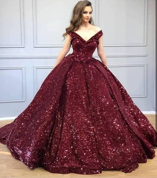 

sparkly бургундия sequined с плеча платья quinceanera сладкие 16 пром платья v бальное платье шея блестки вечер платье партии, Blue;red