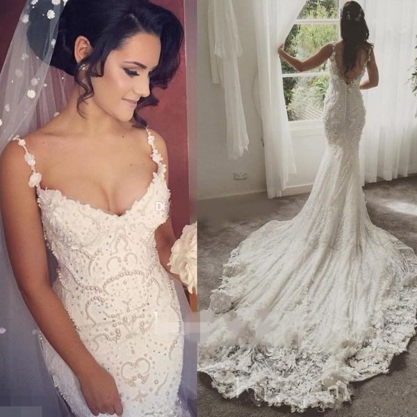 

elegant appliques lace pearls wedding dresses spaghetti mermaid 3d flora 2019 sweep train boho garden bridal gown custom made, White