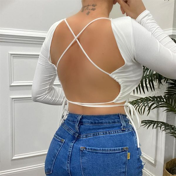 

women's long sleeve backless crop slim shirts party club party casual lace up blouse short top, White