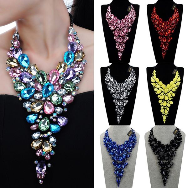 

8 colors fashion black chain crystal acrylic resin choker statement pendant bib necklace water drop big crystal necklaces gift, Silver