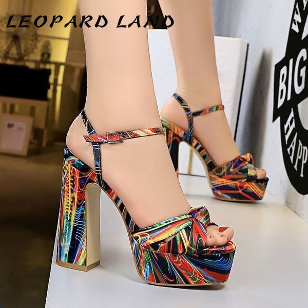 

leopard land summer super high-heeled waterproof platform women's shoes thick heel floral word with shallow mouth sandals ds, Black