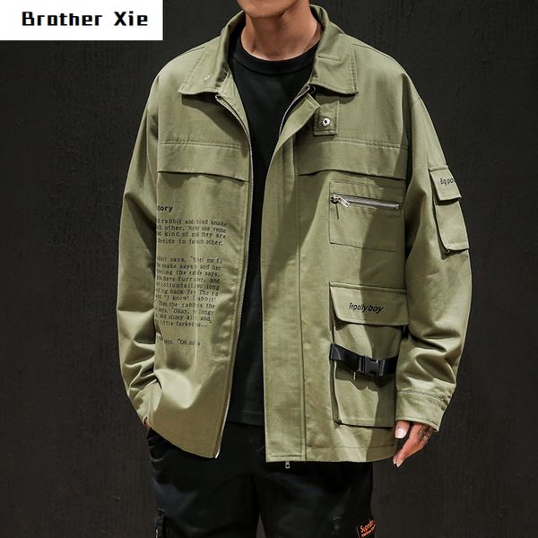 

spring new jacket men fashion retro solid color letter printing casual tooling jacket man streetwear hip hop loose bomber, Black;brown