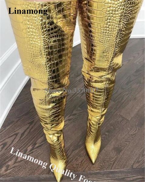 

linamong pointed toe gold pattern leather stiletto heel thigh high boots slim style super long high heel boots club heels, Black