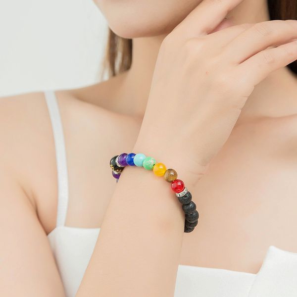 

national style volcanic stone bracelet seven color wheel scrub stone bracelet handmade beaded beads men jewelry, Golden;silver
