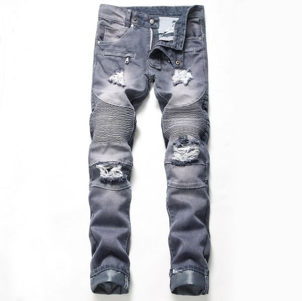 Herren Jeans Moto Ganzkörperansicht Mode Gerade Retro Loch Männliche Hose Plissee Zerrissene Hose Gezeitendesign