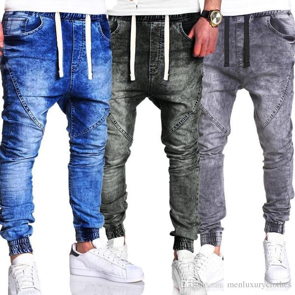 

harem jeans black blue elastic waist hiphop casual loose jeans washed mens designer