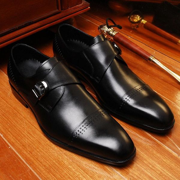 

heinrich pointed toe genuine leather wedding dress shoes new formal british style men shoes buckle mens, Black