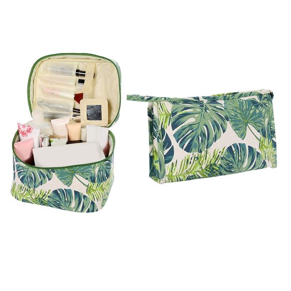 

2x холст макияж сумки женские косметички путешествия клатч кошелек зеленые листья сумка организатор с застежкой-молнией, квадратное ведро ти