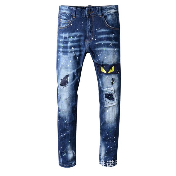 

men's embroidered word patch stretch slimming jeans paint spot small foot machine car trousers 2020 trendy men's new jeans, factor, Blue