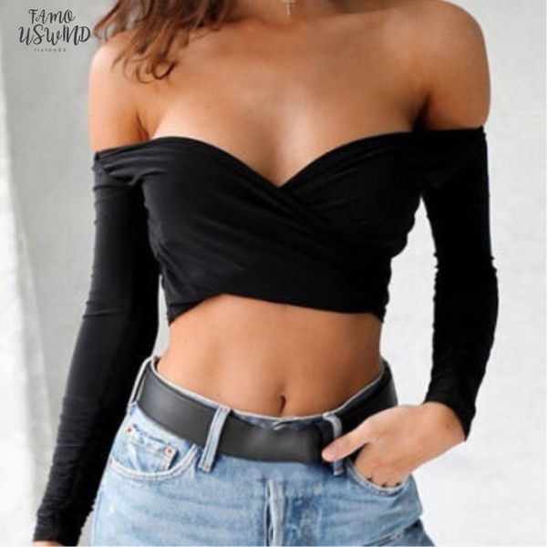 

2020 women cross long sleeve girl crop off shoulder t shirt summer women 3 colors, White
