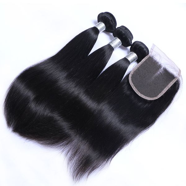 

8A Mongolian Virgin Straight Hair Bundles with Lace Closure 100% Mongolian Remy Human Hair Weaves Closures Natural Color 1B Can Bleach & Dye