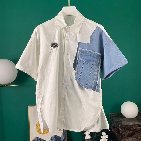 

2020 fashion men shirts denim splice patchwork cotton welldone men's shirts camisa masculina casual shirt men, White;black