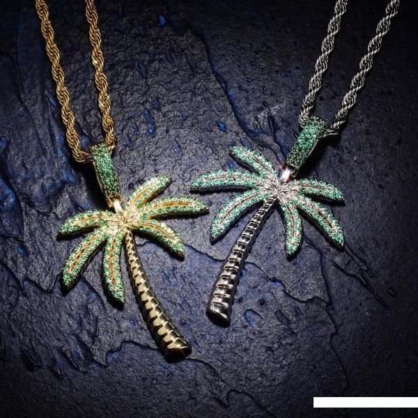 

green cubic zirconia paved bling ice out coconut tree beach vacation pendants necklaces for men hip hop rapper jewelry, Silver