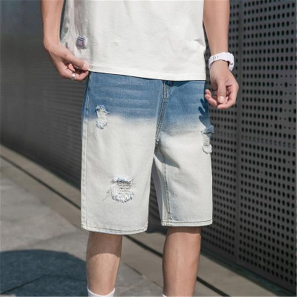 

hole colorblock men denim shorts summer zipper casual shorts pants male fashion new skate board harem ripped jogger five-point jeans clothes, Blue