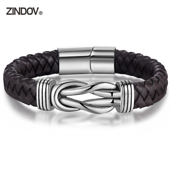 

zindov bracelet men brown magnetic clasp men jewelry vintage stainless steel wristband genuine leather bracelets, Golden;silver