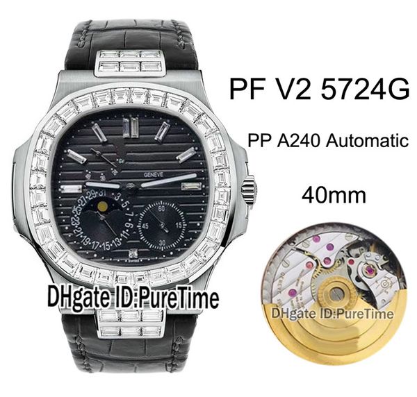 

pf nautilus moonphase 5724g cal a240 lu cl automatic mens watch silver diamond bezel black dial power reserve black leather new puretime f6, Slivery;brown