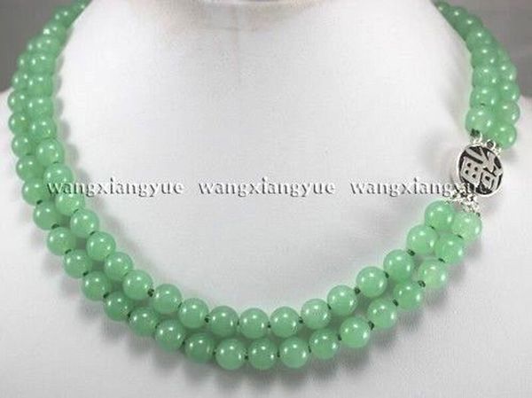 

2rows 8mm green jade round beads gemstones jewelry necklace silver clasp