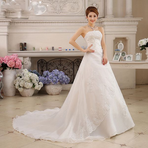 

wedding dress with beaded sequin court tran strapless lace-up sleeveless wedding dress plus size white bridal gown