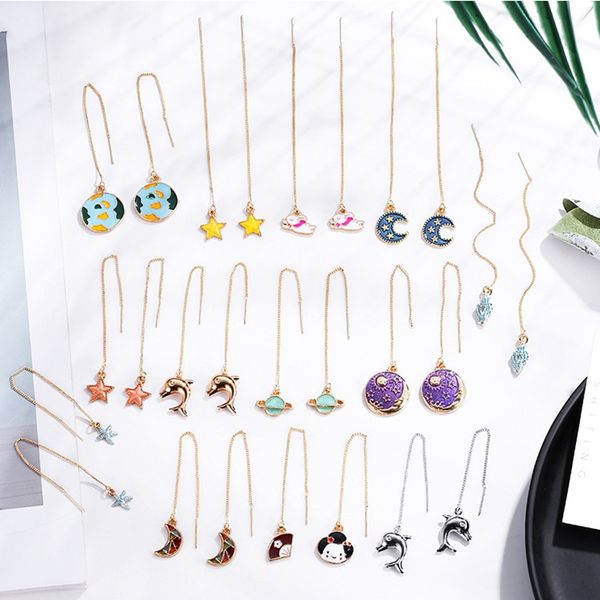 

japan korean cute cartoon long dangle earrings conch moon star universe ear animal line drop earrings for women girl jewelry, Silver