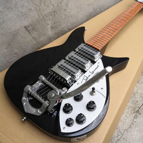 

527mm short scale length john lennon 325 jetglo 6 string black electric guitar bigs tremolo, red paint fingerboard, 3 toaster pickups