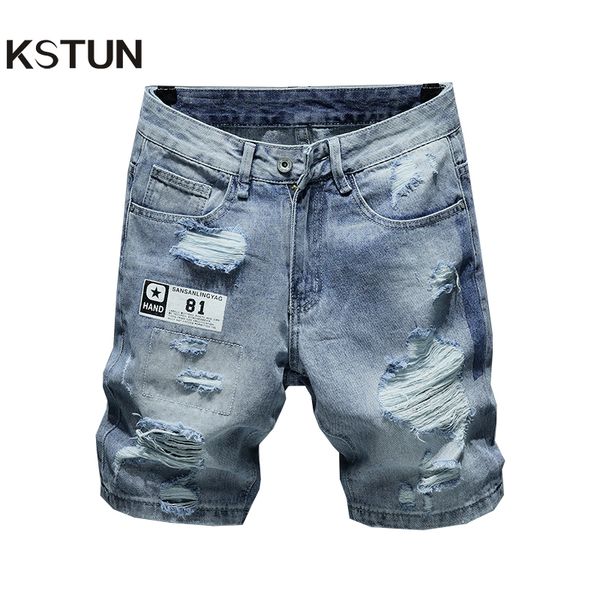 

kstun summer shorts jeans for men hip hop ripped jeans man 100% cotton hollow out loose wide leg cowboys holes retro desinger, Blue