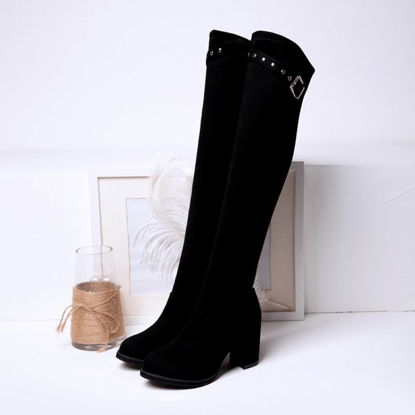 

shoes woman suede round toe high boot over the knee boot buckle strap high heelsbotines mujer #20180926, Black