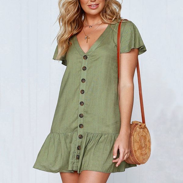 

v neck loose women summer dress 2019 fashion sundress button short sleeve fold linen casual dresses green red mini dress, Black;gray
