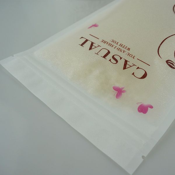 15x22 + 4 cm stand up bianco opaco trasparente sacchetto con cerniera fiore rosa stampato, sacchetto di imballaggio di cereali secchi all'ingrosso zip riutilizzabile, sacco di anacardi