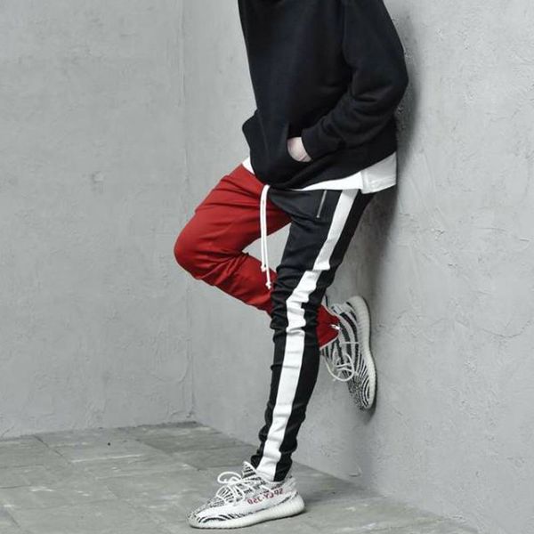 

hip hop fitness patchwork pants men black white pockets workwear fashion pencils skinny sweatpants slim zipper trousers summer