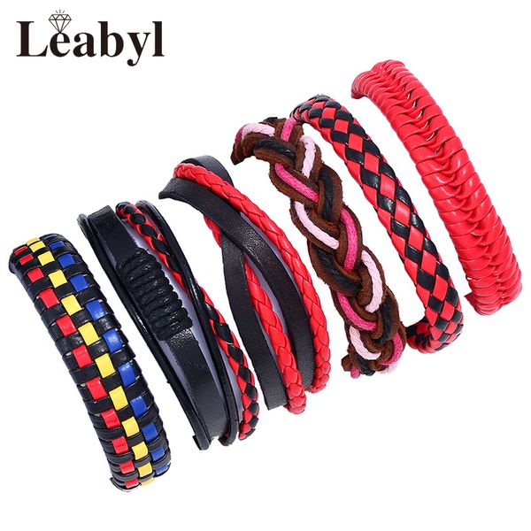 

classic vintage series red cow leather strap retro bracelet for men women handmade diy braided multi-layer punk vintage bracelet, Golden;silver